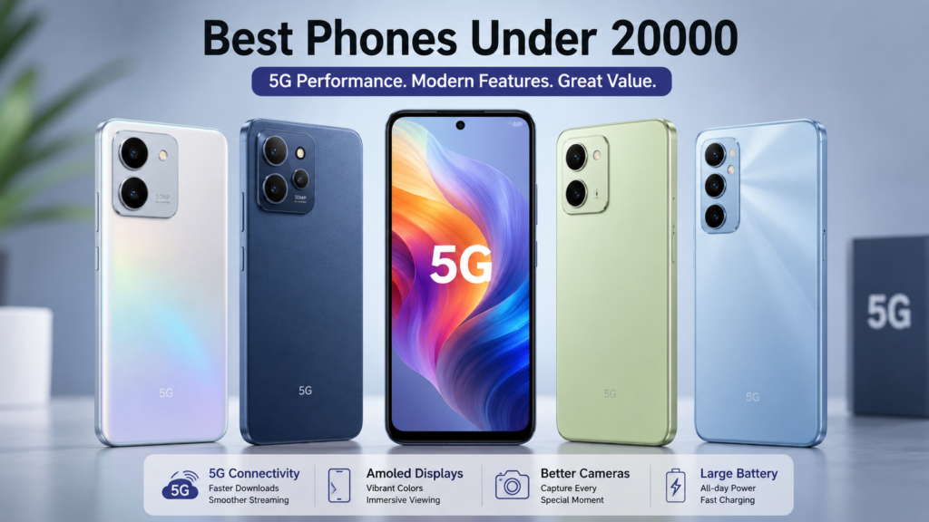 Best Phones Under 20000, Smartphones Under 20000, Best 5G Phones, Budget Smartphones, Best Budget Phones 2026, Android Phones, Best Camera Phones Under 20000, Best Gaming Phones Under 20000, AMOLED Phones, 5G Smartphones, Smartphone Buying Guide, Mobile Phone Deals, Smartphone Prices, Best Android Phones, Budget 5G Phones